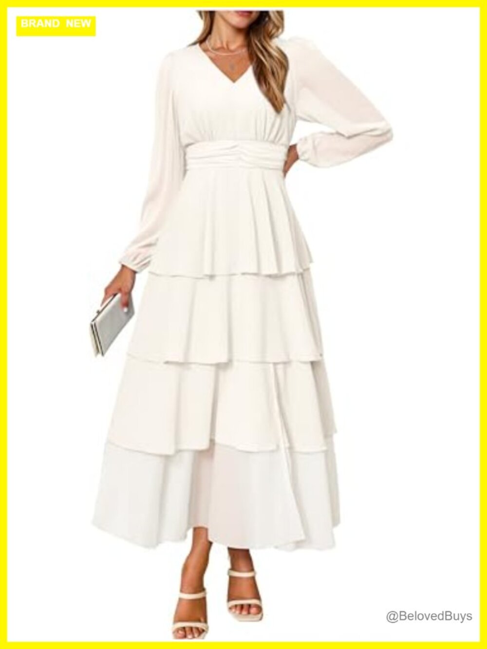 BerryGo Womens Flowy Chiffon Maxi Dress Long Sleeve V Neck Slit Ruffle Tiered